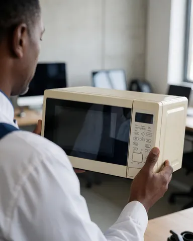 Customer holding a beige microwave in a workshop with concrete walls and natural light for repair service