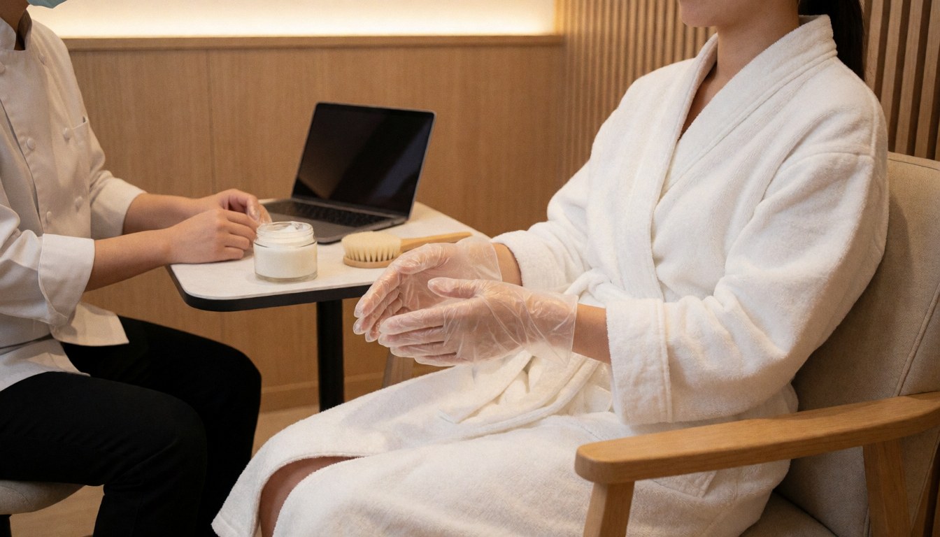 A relaxed client wearing plastic gloves and a hydrating face mask while seated in a wooden-walled manicure and pedicure spa.