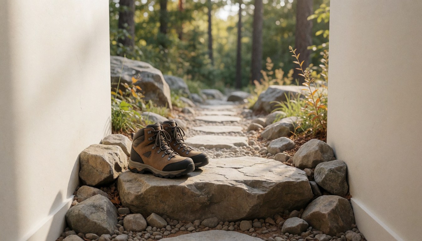 Hiking boots resting on a stone in a stone path in the forest, ideal for camping cover.