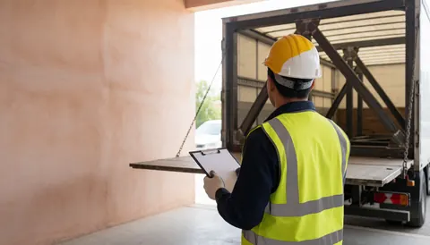 Worker wearing helmet and vest inspects metal load on truck in industrial warehouse