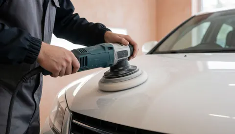 Close-up of a technician using a polisher on a car hood, with terracotta plaster walls in the background and copy space available.