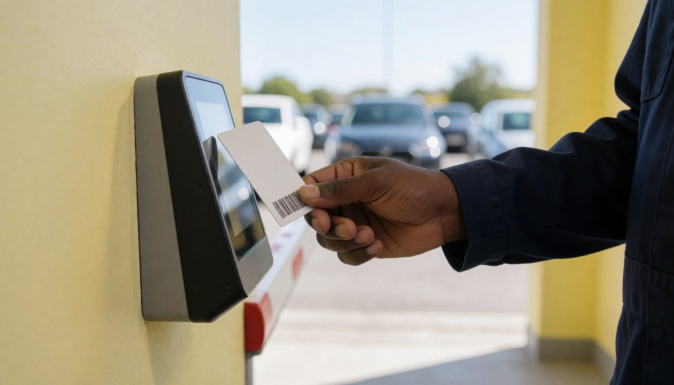 Hand holding access card near wall-mounted reader with parked vehicles in background showing parking service