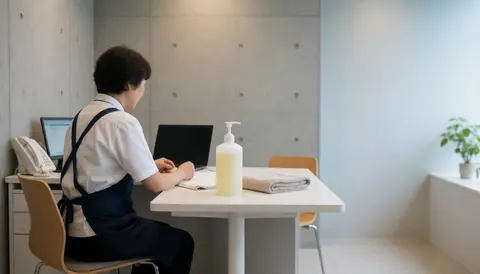 A professional holds a neutralizing solution bottle over a white treatment table in a modern clinic with concrete walls and natural light.