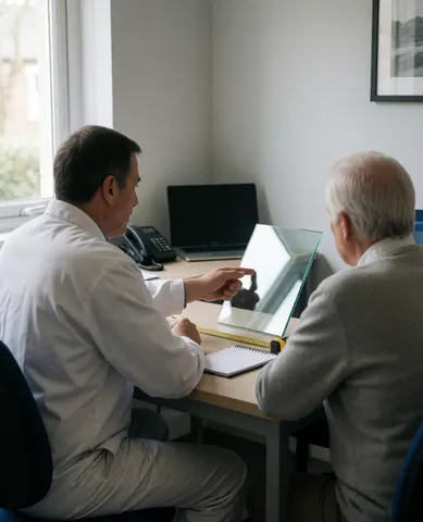 Glazier presenting a glass sample to a client in a clean office with natural light, ruler and notebook on the table