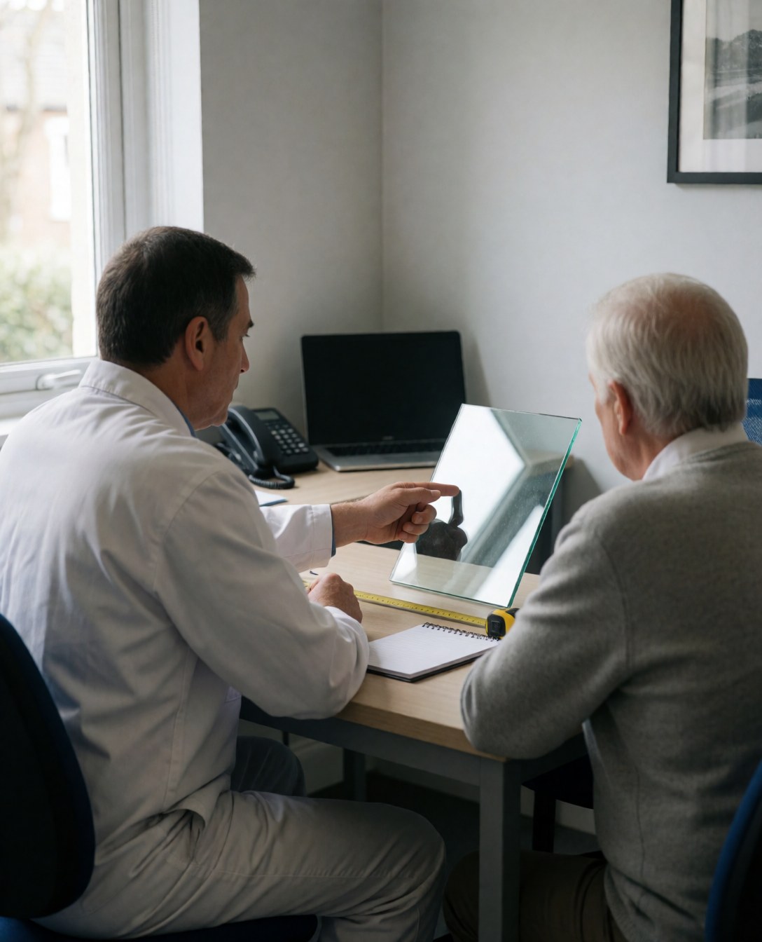 Glazier presenting a glass sample to a client in a clean office with natural light, ruler and notebook on the table