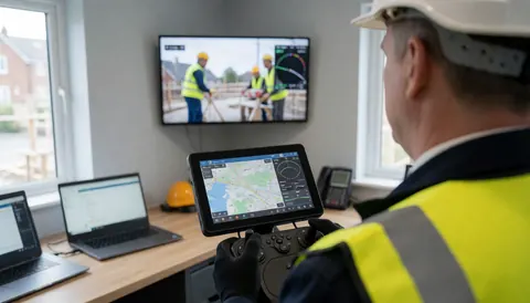 Pilot wearing helmet and vest controls construction site using tablet and monitor with workers visible on screen