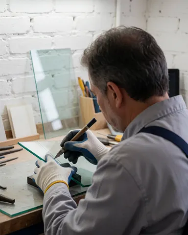 A technician in a workshop cutting a piece of glass with a cutter, wearing protective gloves, with white brick walls and tools visible in the background.