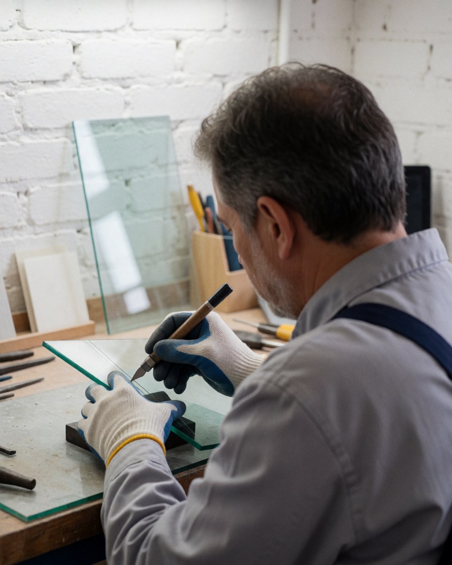 A technician in a workshop cutting a piece of glass with a cutter, wearing protective gloves, with white brick walls and tools visible in the background.