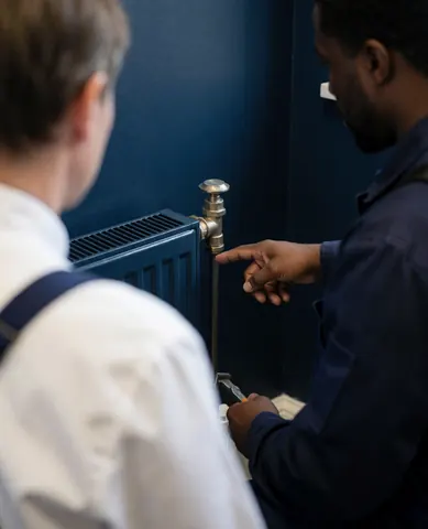 A technician explains the installation of a new valve on a blue radiator against a navy wall.