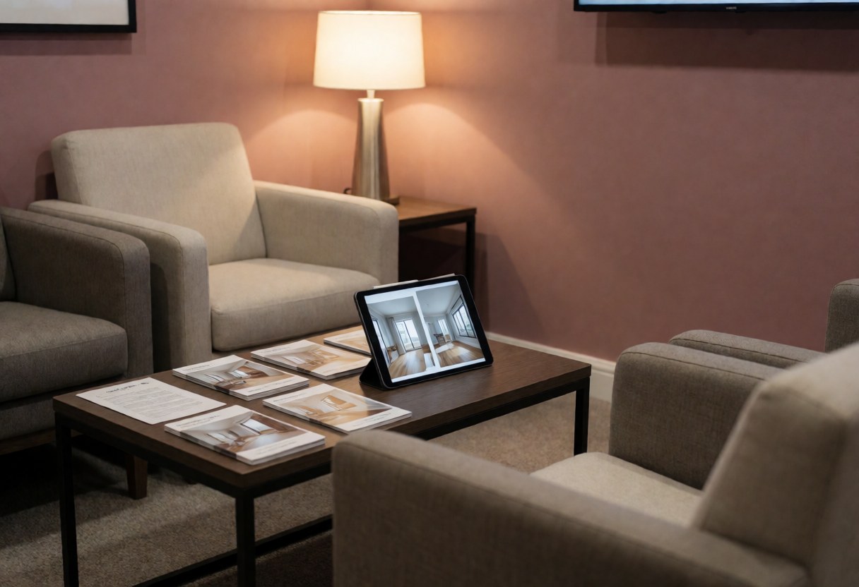 Modern waiting room with a tablet showing window designs, comfortable furniture, and dusty pink walls for window installation consultations