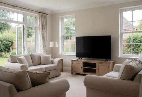 Bright living room featuring beige sofas, a flat screen tv, and windows overlooking a garden, perfect for a vacation rental.