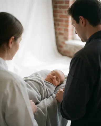 Portrait photographer capturing a sleeping newborn baby wrapped in a gray blanket while adults watch nearby against a brick background with natural light.