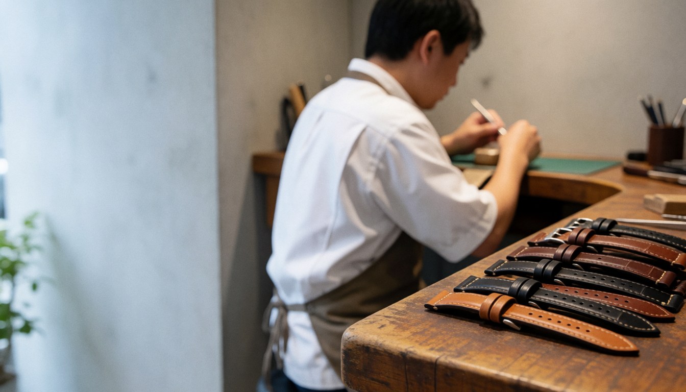 Brown and black leather belts on a wooden table with a watchmaker working precisely in the background of a polished concrete workshop.
