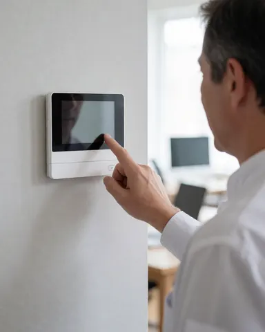 An adult man touches a white security panel mounted on a gray wall in a bright, tidy interior, ideal for alarm repair services.