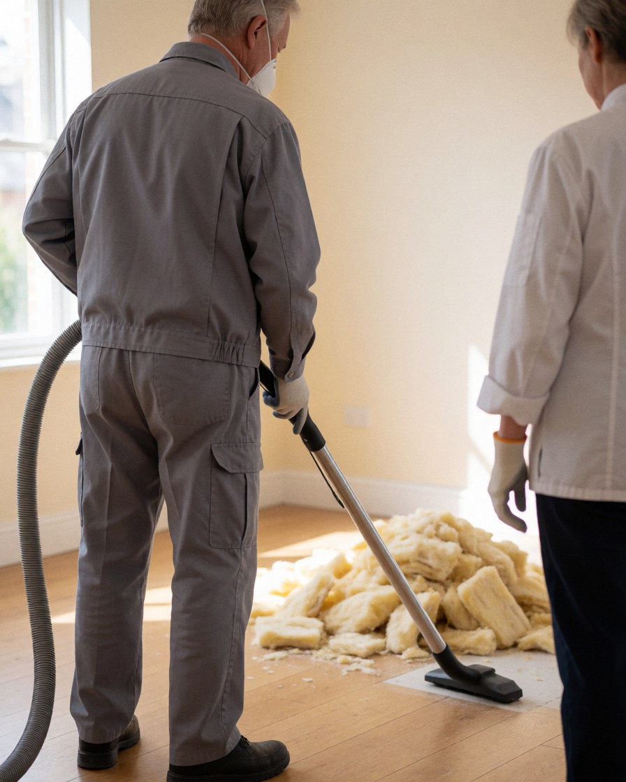 Worker wearing mask and gloves vacuuming insulation debris from polished wood floor while client observes closely in beige room with natural light