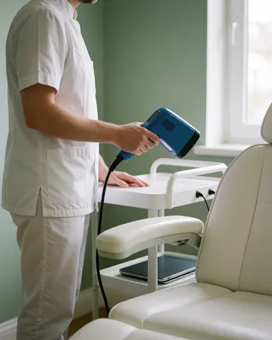 Therapist in white uniform using a blue LED device in a facial cleansing clinic with green walls and natural light