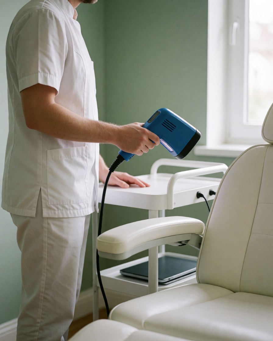 Therapist in white uniform using a blue LED device in a facial cleansing clinic with green walls and natural light