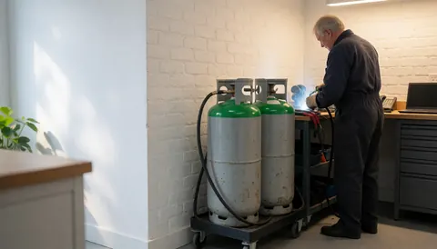 HVAC technician soldering with two refrigerant gas cylinders in a workshop with white brick walls and warm lighting.