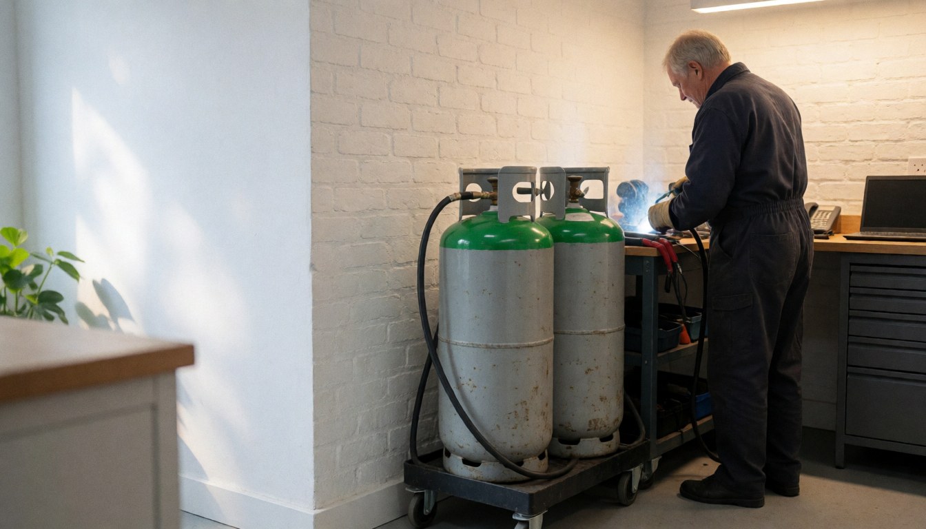 HVAC technician soldering with two refrigerant gas cylinders in a workshop with white brick walls and warm lighting.