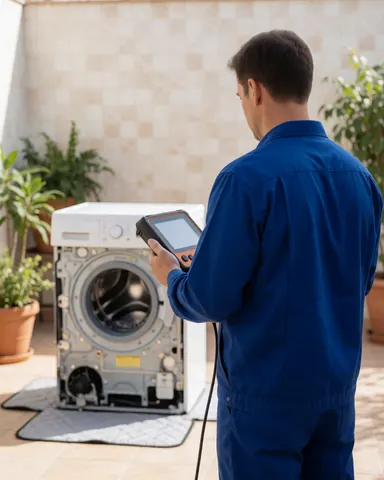 Technician in blue shirt checks disassembled washing machine with diagnostic tool in patio with plants and tiled walls