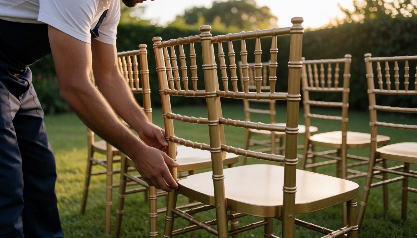 A hand adjusts a gold rental chair in a garden setting, highlighting event furniture services for outdoor gatherings.
