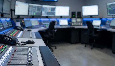 Out of focus view of an entertainment center featuring monitors, a mixer, and office chairs under blue LED lighting, suitable for text backgrounds.