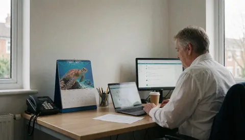 Sea turtle calendar on a clean office desk with natural light and a laptop