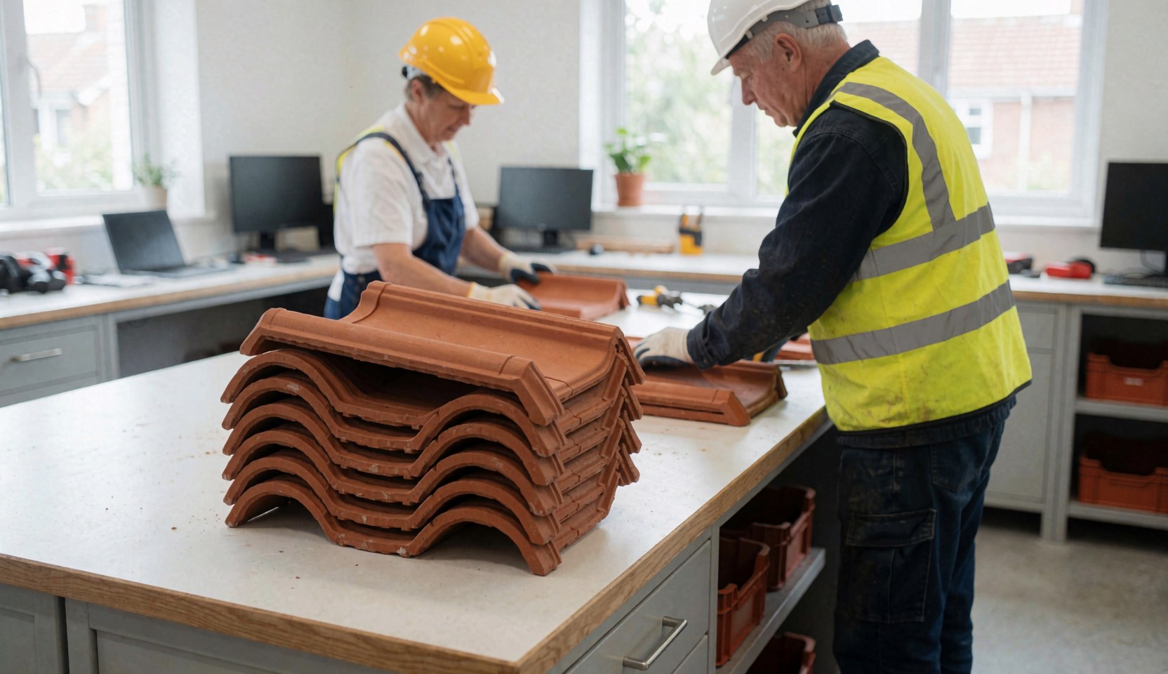 Two workers wearing helmets and vests manipulate curved tiles on a work table in a well-lit workshop.
