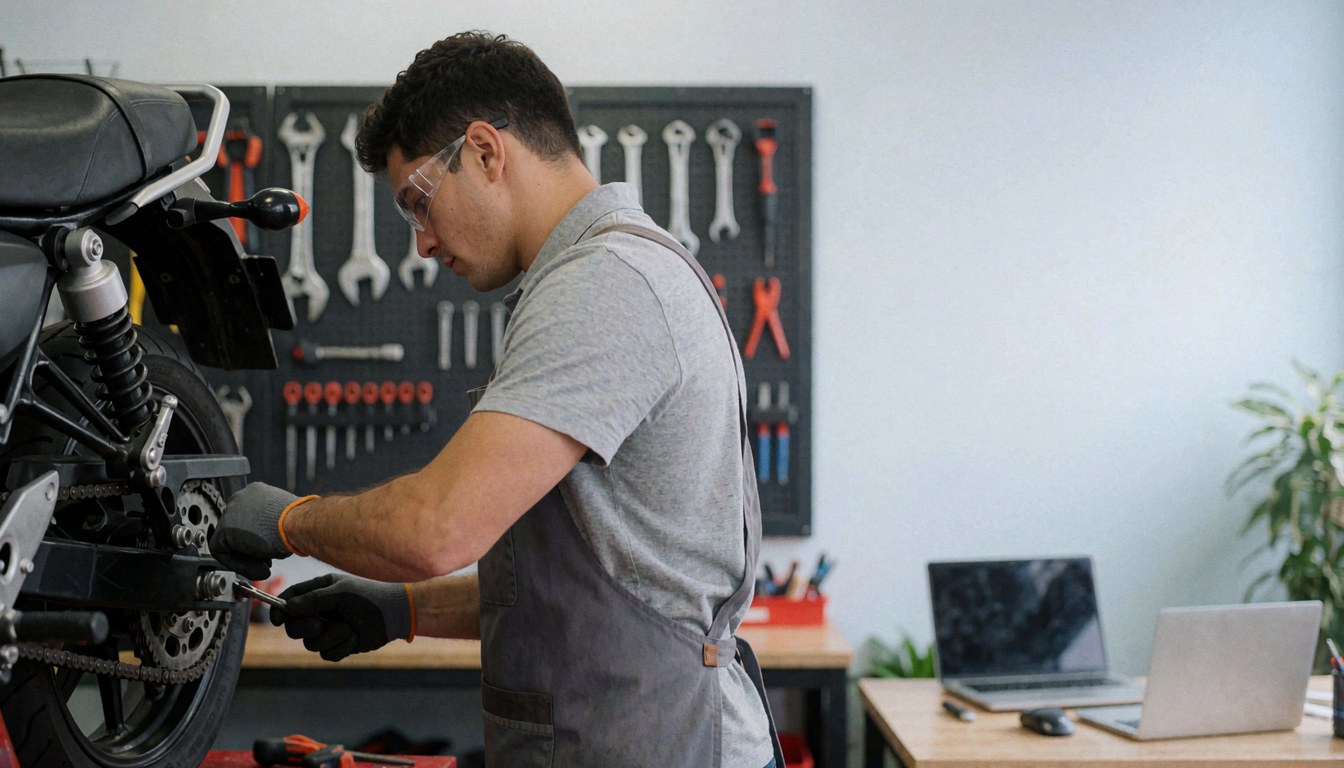 Mechanic wearing glasses and apron adjusts motorcycle chain in clean workshop with tools on wall