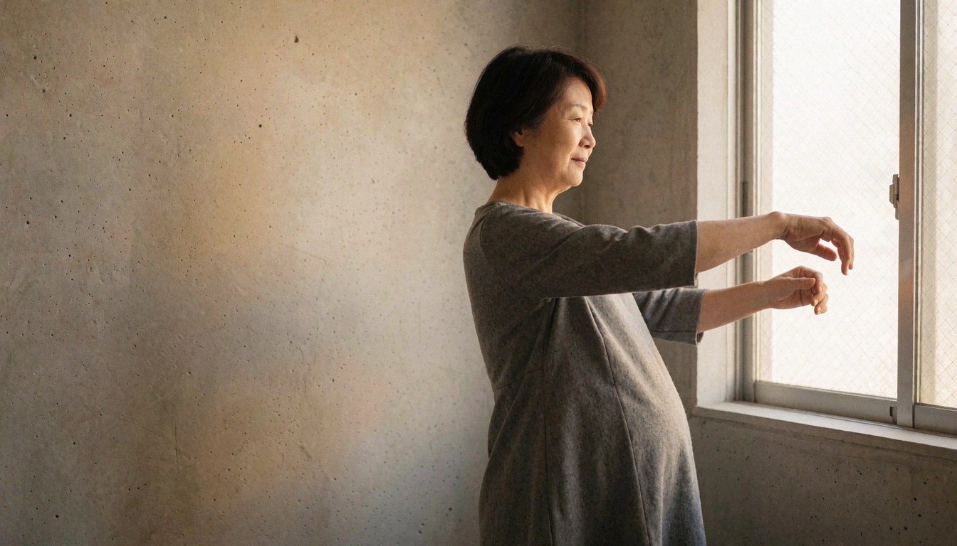 A pregnant woman performs gentle movements near a window with golden light and a concrete wall, suitable for a dance instructor.