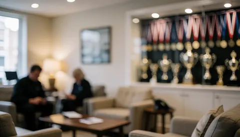 A waiting area background featuring gymnastics trophies, medals, comfortable seating, and warm lighting suitable for a professional studio.