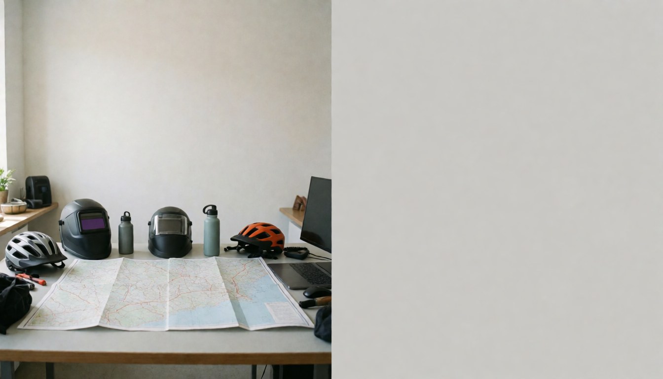 Desk with trail map, bicycle helmets, water bottles, and laptop for planning mountain bike routes