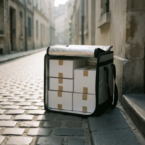 Open thermal delivery bag containing cardboard boxes placed on a historic cobblestone street for urban freight transport