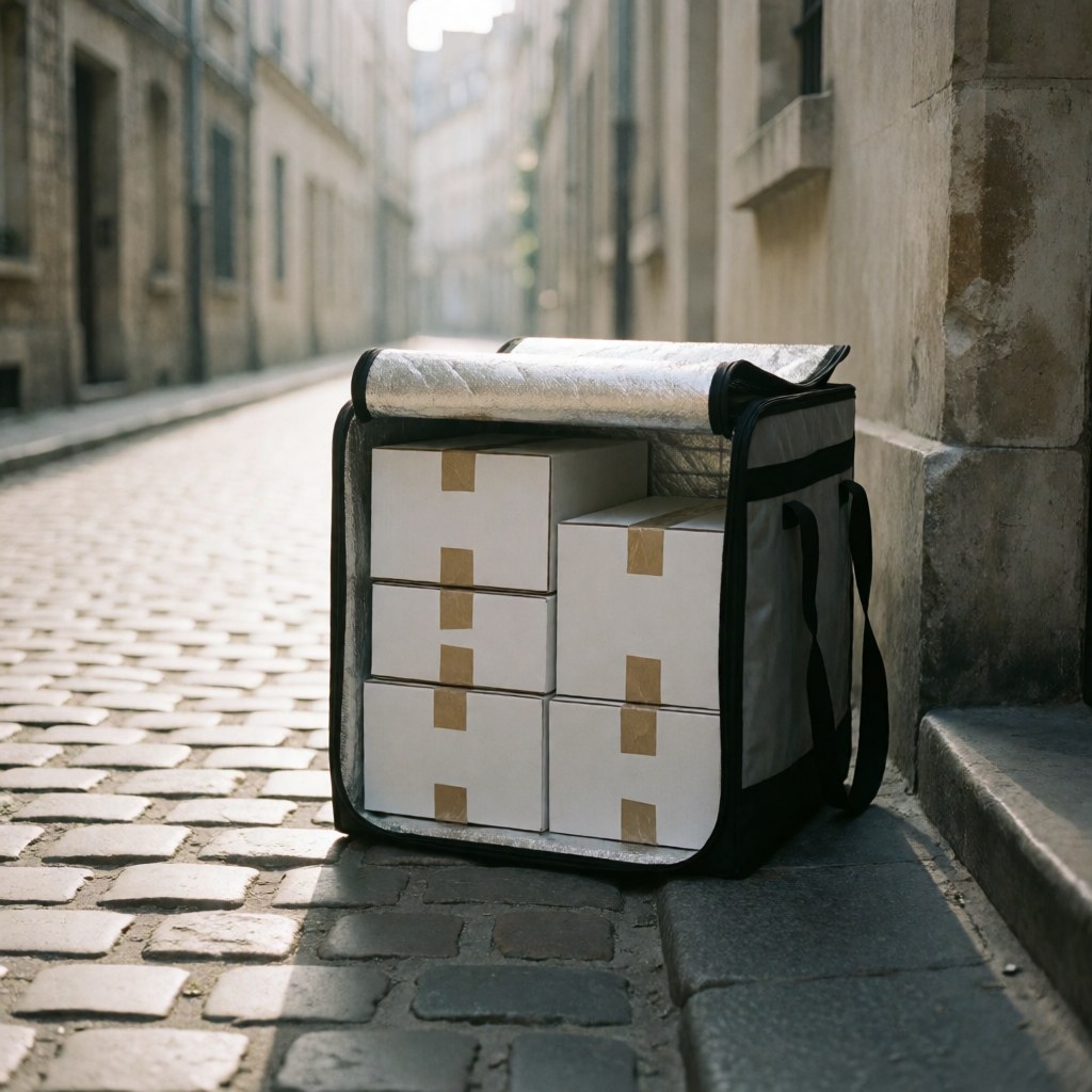 Open thermal delivery bag containing cardboard boxes placed on a historic cobblestone street for urban freight transport