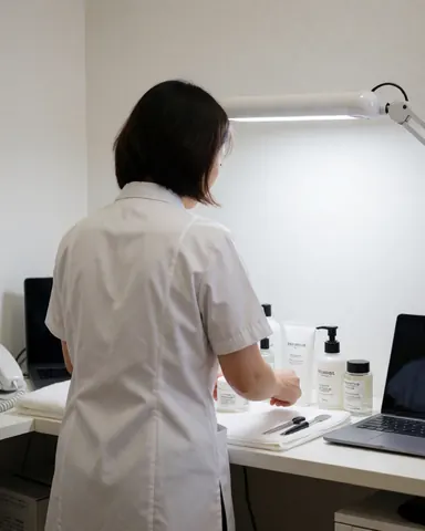 Aesthetician in white uniform arranging facial hydration products on a clean table in a salon with functional lighting.