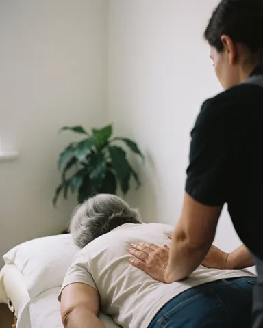 Therapist applying massage to client's back on a table in a clinic with white walls and plants, creating a relaxed atmosphere.