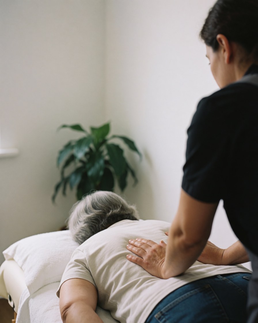 Therapist applying massage to client's back on a table in a clinic with white walls and plants, creating a relaxed atmosphere.