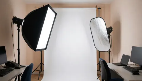 Softbox and reflector illuminating a white background in a professional macro photography studio setup