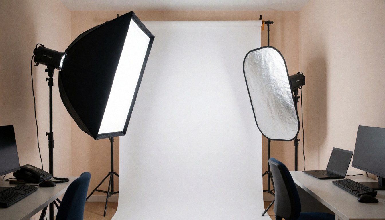 Softbox and reflector illuminating a white background in a professional macro photography studio setup