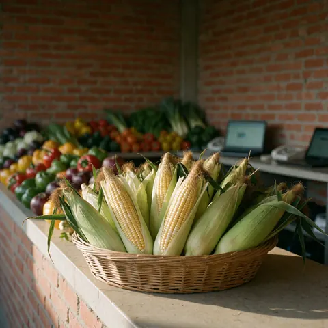 Fresh corn cobs in a woven basket displayed at a market stall with a brick wall and colorful vegetables in the background.