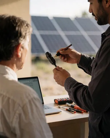 Solar technician inspects an MC4 connector in front of a client, with a solar panel in the background and tools on a table.