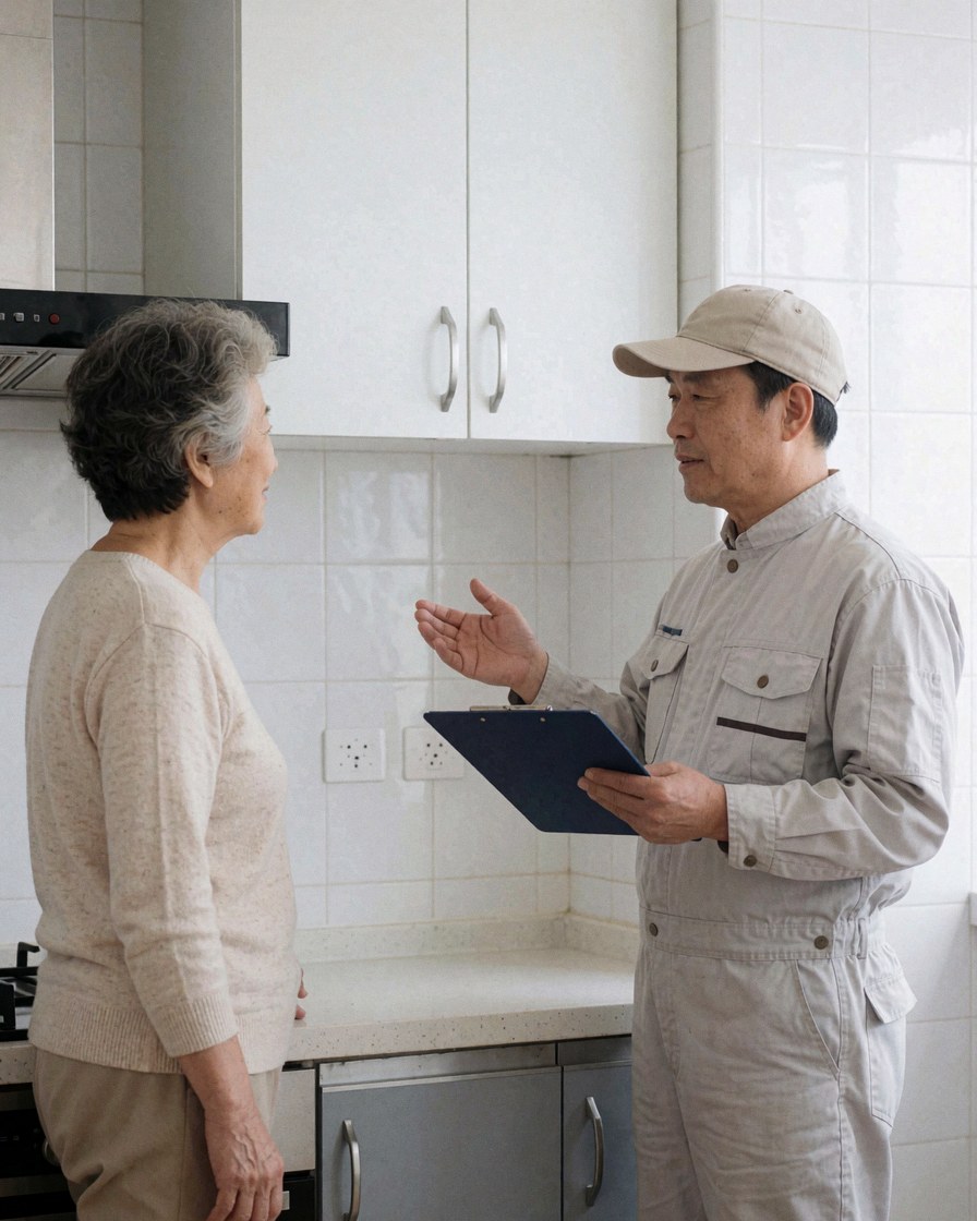 Professional carpenter in uniform explains features of a new white cabinet to a customer in a modern kitchen.