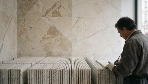 A professional worker installs beige marble tiles on a wall in a bright, modern showroom with natural lighting.