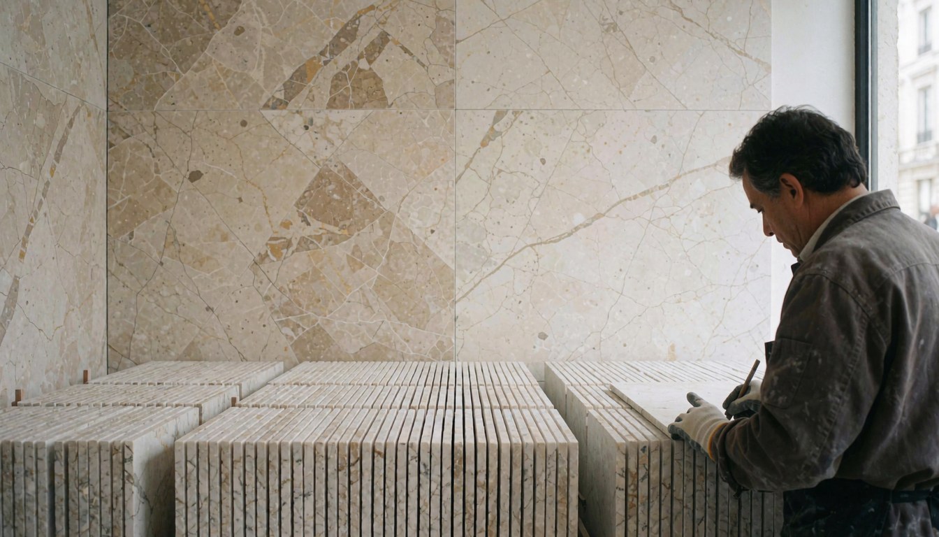 A professional worker installs beige marble tiles on a wall in a bright, modern showroom with natural lighting.