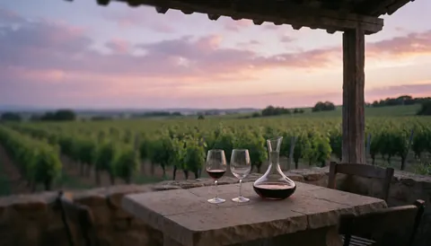 Stone table with two glasses and wine decanter in front of a vineyard at sunset