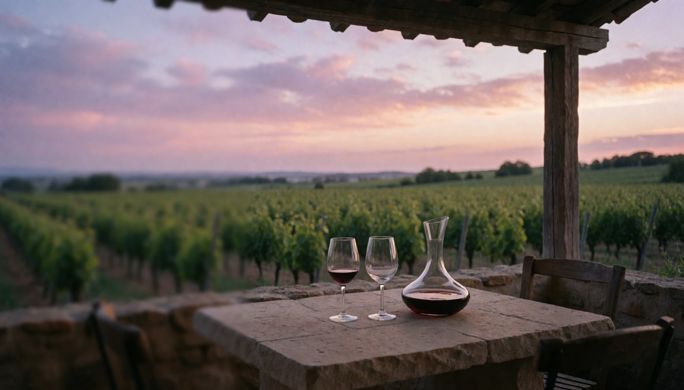 Stone table with two glasses and wine decanter in front of a vineyard at sunset