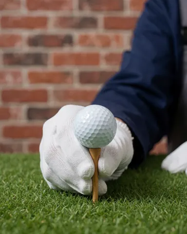 A hand wearing a white glove adjusts a golf ball on a wooden tee against a red brick wall background.