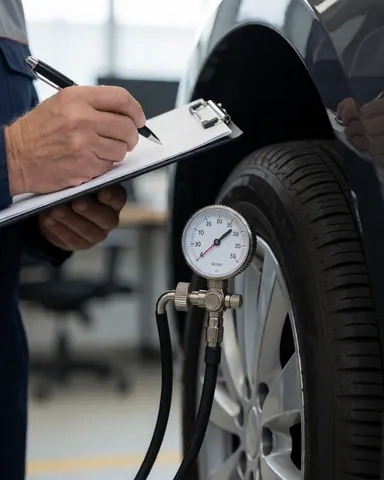 Close-up of a hand writing on a clipboard while checking tire pressure with a gauge in a car service shop.