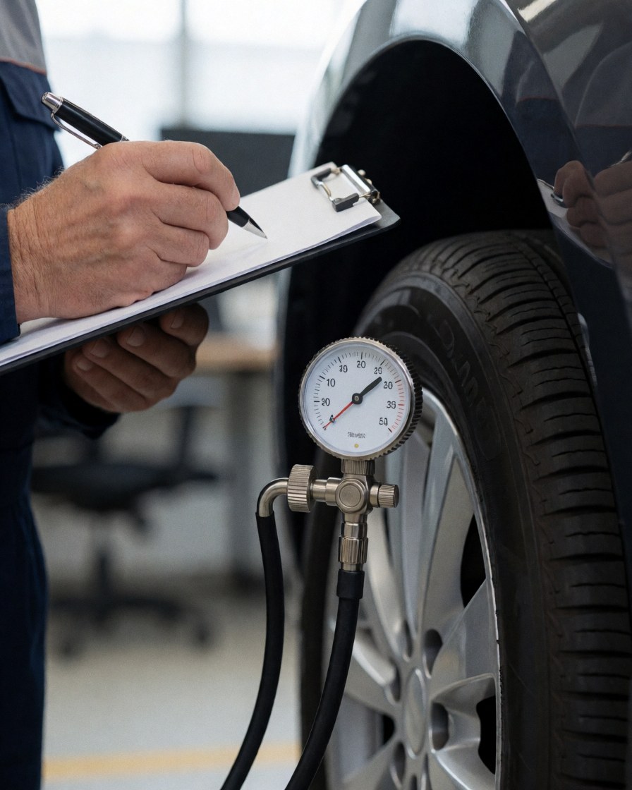 Close-up of a hand writing on a clipboard while checking tire pressure with a gauge in a car service shop.
