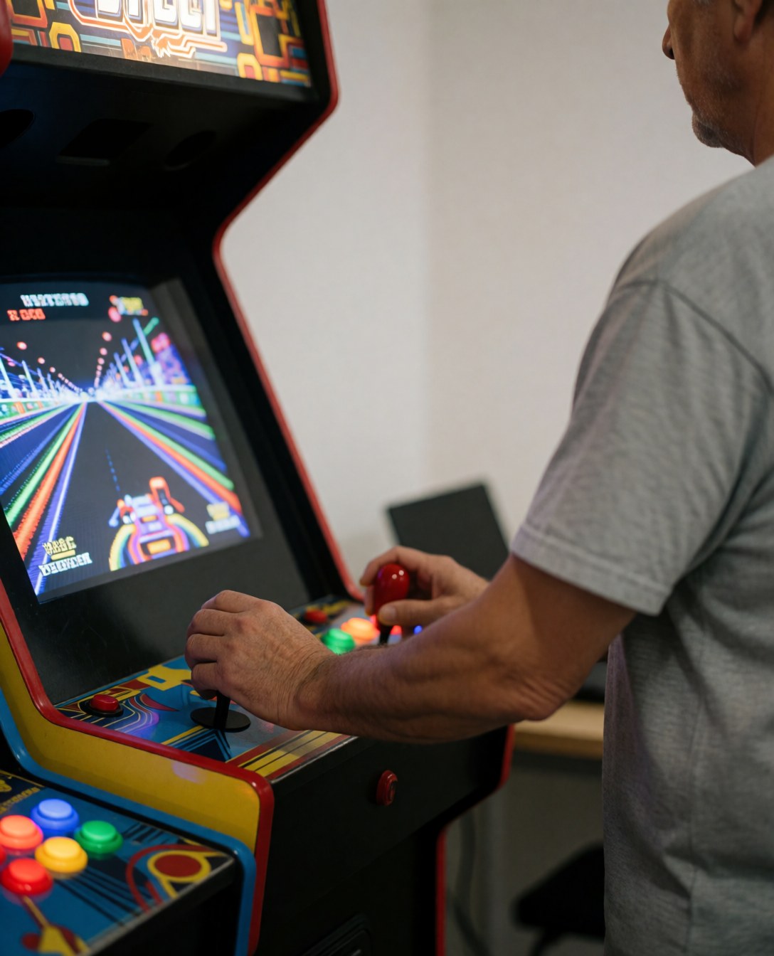 Close-up of an adult playing a racing arcade game with colorful buttons and a bright screen
